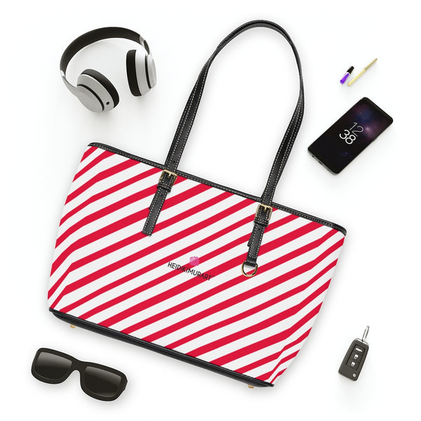 Best Red Stripes Tote Bag, Best Stylish Striped PU Leather Shoulder Large Spacious Durable Hand Work Bag 17"x11"/ 16"x10" With Gold-Color Zippers & Buckles 