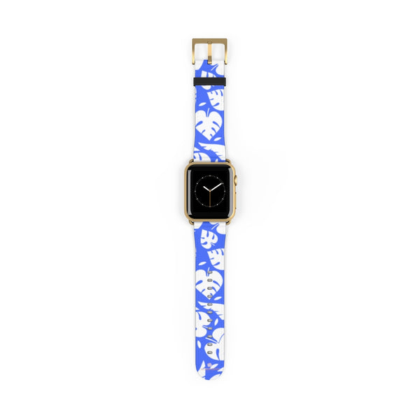 Blue White Tropical Leaf Print 38mm/42mm Watch Band For Apple Watch- Made in USA-Watch Band-38 mm-Gold Matte-Heidi Kimura Art LLC