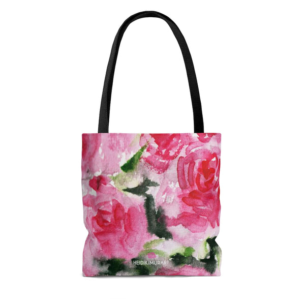 Pink Floral Rose Tote Bag, Flower Roses Print Spring Themed Flower Print Designer Colorful Square 13"x13", 16"x16", 18"x18" Premium Quality Market Tote Bag - Made in USA