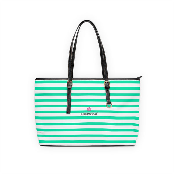 Best Turquoise Stripes Tote Bag, Best Stylish Turquoise and White Striped PU Leather Shoulder Large Spacious Durable Hand Work Bag 17"x11"/ 16"x10" With Gold-Color Zippers & Buckles & Mobile Phone Slots & Inner Pockets, All Day Large Tote Luxury Best Sleek and Sophisticated Cute Work Shoulder Bag For Women With Outside And Inner Zippers