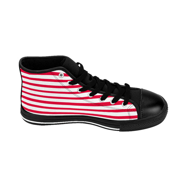 Red Striped Men's High-top Sneakers, Red White Modern Stripes Men's High Tops, High Top Striped Sneakers, Striped Casual Men's High Top For Sale, Fashionable Designer Men's Fashion High Top Sneakers, Tennis Running Shoes (US Size: 6-14)