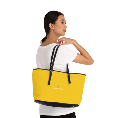 Yellow Zipped Best Tote Bag, Solid Yellow Color Modern Essential Designer PU Leather Shoulder Large Spacious Durable Hand Work Bag 17"x11"/ 16"x10" With Gold-Color Zippers & Buckles & Mobile Phone Slots & Inner Pockets, All Day Large Tote Luxury Best Sleek and Sophisticated Cute Work Shoulder Bag For Women With Outside And Inner Zippers