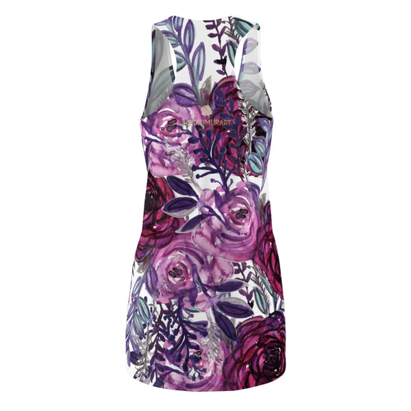 White & Purple Floral Print Designer Premium Women's Long Racerback Dress - Made in USA-Women's Sleeveless Dress-Heidi Kimura Art LLC