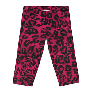 Pink Leopard Women's Capri Leggings, Modern Leopard Animal Print American-Made Best Designer Premium Quality Knee-Length Mid-Waist Fit Knee-Length Polyester Capris Tights-Made in USA (US Size: XS-3XL) Plus Size Available