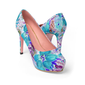 Blue Floral Women's Platform Heels, Mixed Abstract Flower Print Premium Quality Designer Women's Platform Heels Stiletto Pumps 4" Heels (US Size: 5-11)