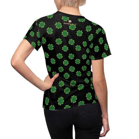 Black Green Clover Print Shirt, St. Patrick's Day Women's Crewneck Tee- Made in USA-Women's T-Shirt-L-Black Seams-4 oz.-Heidi Kimura Art LLC