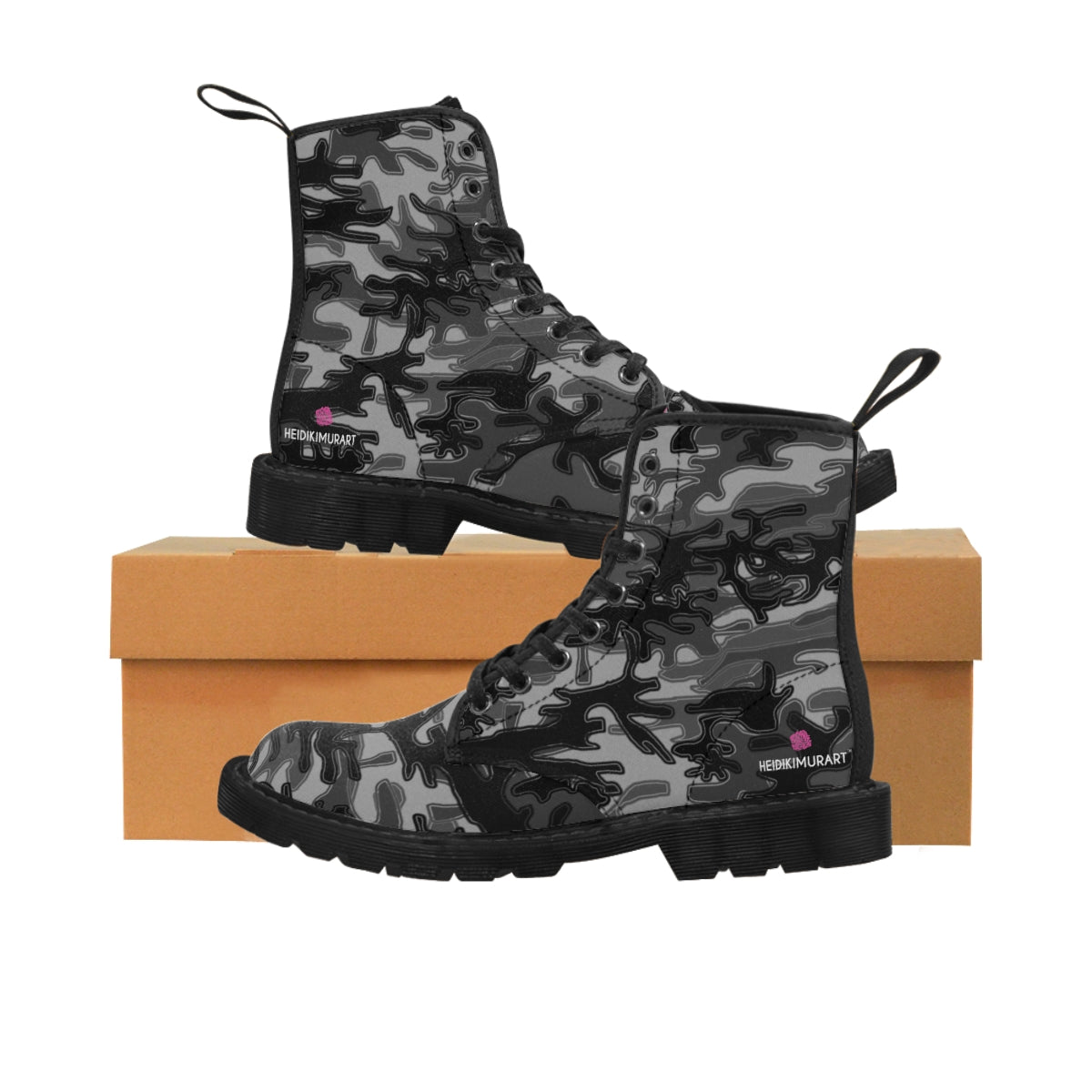 Grey Camouflage Women's Canvas Boots, Army Military Print Casual Fashion Gifts, Camo Shoes For Veteran Wife or Mom or Girlfriends, Combat Boots, Designer Women's Winter Lace-up Toe Cap Hiking Boots Shoes For Women (US Size 6.5-11)