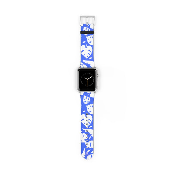 Blue White Tropical Leaf Print 38mm/42mm Watch Band For Apple Watch- Made in USA-Watch Band-42 mm-Silver Matte-Heidi Kimura Art LLC