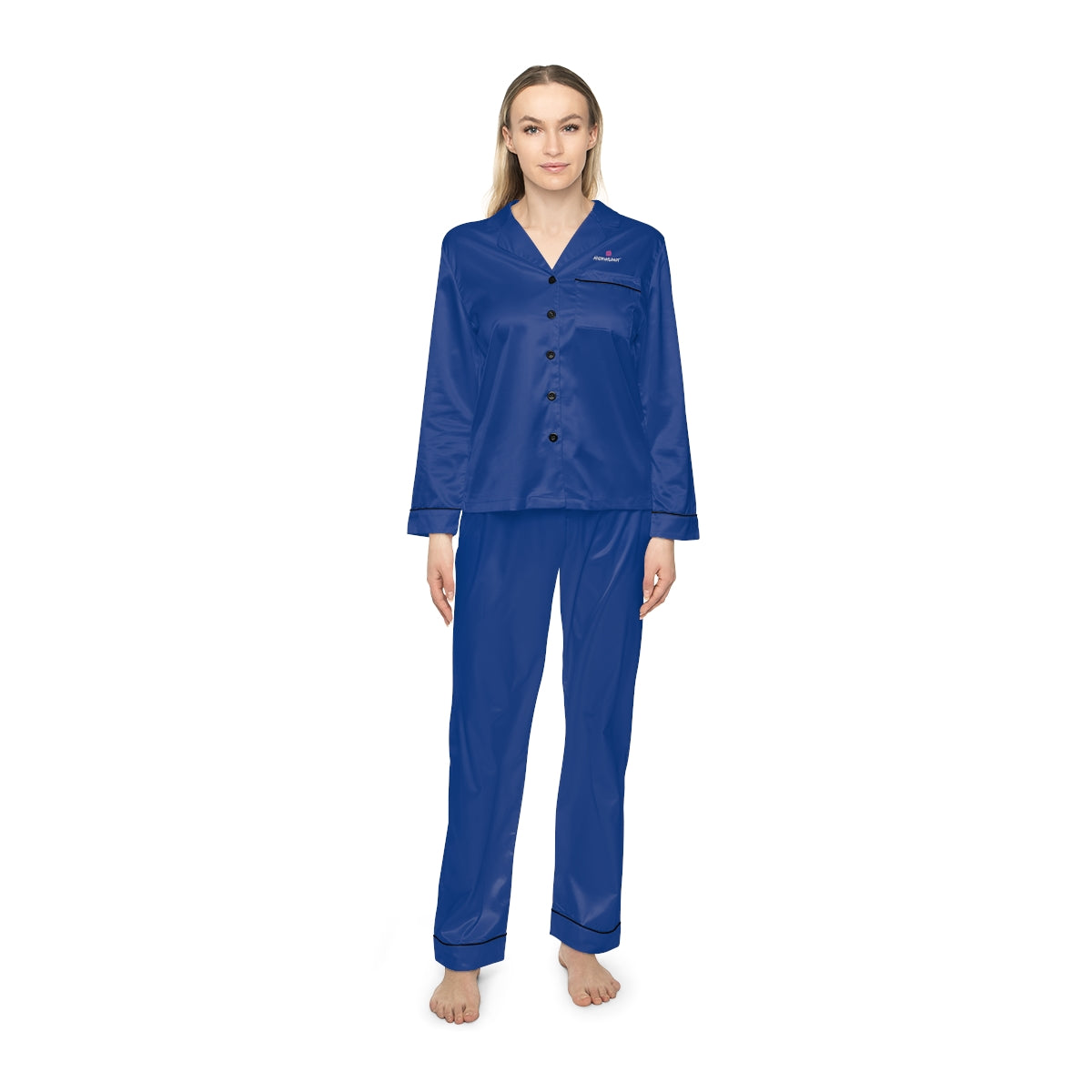 Dark Blue Women's Satin Pajamas, Luxury Premium Solid Color Loungewear For Women