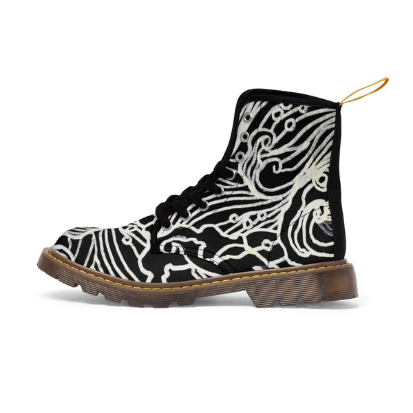 Black Japanese Wave Pattern Anti Heat + Moisture Designer Men's Winter Boots Shoes-Men's Boots-Heidi Kimura Art LLC