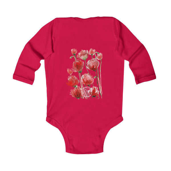 Floral Red Poppy Flower Print Infant Long Sleeve Bodysuit - Made in UK(UK Size: 6M-24M)-Kids clothes-Heidi Kimura Art LLC