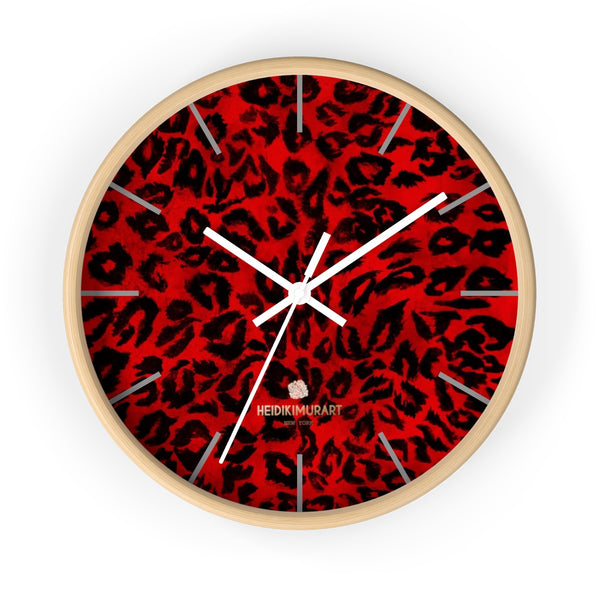 Red Leopard Animal Print 10" Diameter Large Wall Clock- Made in USA-Wall Clock-10 in-Wooden-White-Heidi Kimura Art LLC