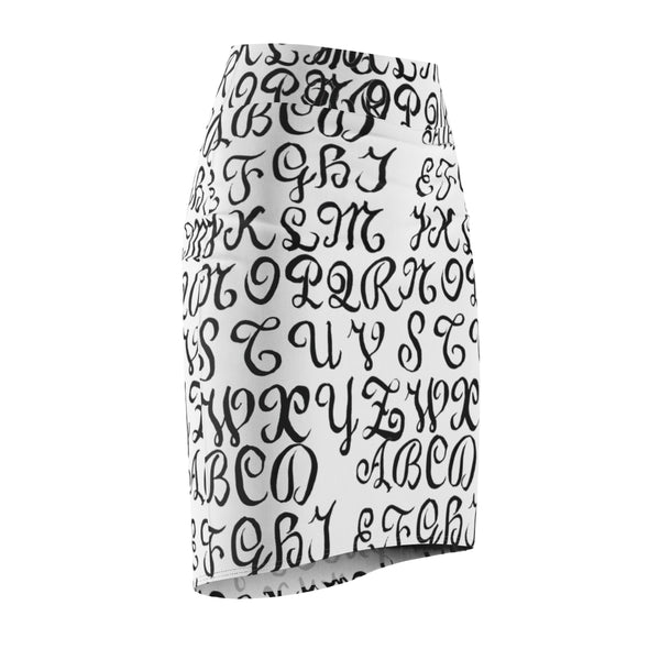 Black White Calligraphy Lettering Print Women's Pencil Skirt-Made in USA(US Size: XS-2XL)-Pencil Skirt-Heidi Kimura Art LLC