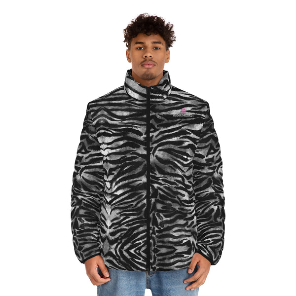 Grey Tiger Striped Men's Jacket, Best Animal Print Tiger Stripes Best Fashion Stylish Winter Designer Best Casual Men's Winter Jacket, Best Modern Minimalist Classic Regular Fit Polyester Men's Puffer Jacket With Stand Up Collar (US Size: S-2XL)