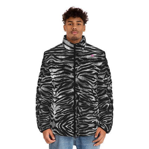 Grey Tiger Striped Men's Jacket, Best Animal Print Tiger Stripes Best Fashion Stylish Winter Designer Best Casual Men's Winter Jacket, Best Modern Minimalist Classic Regular Fit Polyester Men's Puffer Jacket With Stand Up Collar (US Size: S-2XL)