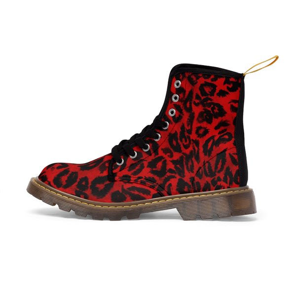 Red Leopard Print Women's Boots, Best Winter Laced Up Animal Print Designer Boots For Women