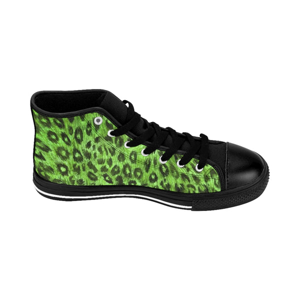 Green Black Leopard Sneakers, Green Snow Leopard Animal Print Pattern Designer Men's Shoes, Men's High Top Sneakers US Size 6-14, Tribal Leopard Print Shoes, Unique Sneakers (US Size: 6-14)