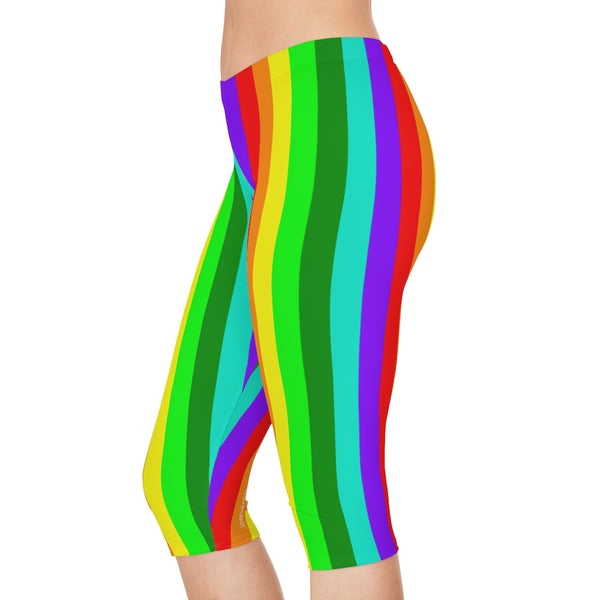 Rainbow Striped Women's Capri Leggings, Knee-Length Polyester Capris Tights-Made in USA (US Size: XS-2XL)