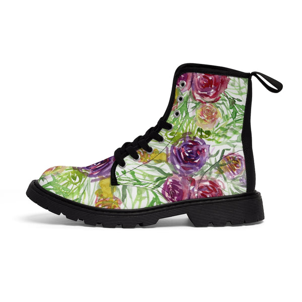 Garden Rose Floral Women's Boots, Pink Yellow Flower Vintage Style Elegant Feminine Casual Fashion Gifts, Flower Rose Print Shoes For Rose Lovers, Combat Boots, Designer Women's Winter Lace-up Toe Cap Hiking Boots Shoes For Women (US Size 6.5-11)