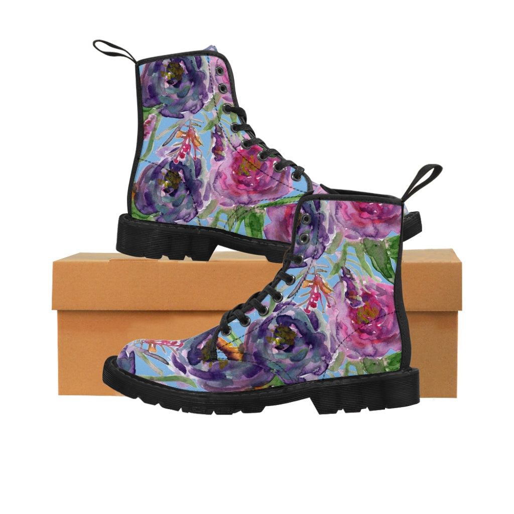 Blue Floral Print Women's Boots, Pink Purple Rose Flower Print Elegant Feminine Casual Fashion Gifts, Flower Rose Print Shoes For Rose Lovers, Combat Boots, Designer Women's Winter Lace-up Toe Cap Hiking Boots Shoes For Women (US Size 6.5-11)