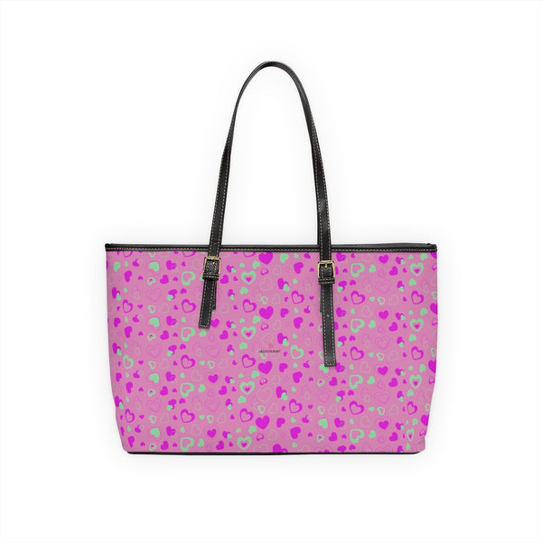 Pink Hearts Print Tote Bag, PU Leather Shoulder Hand Work Bag