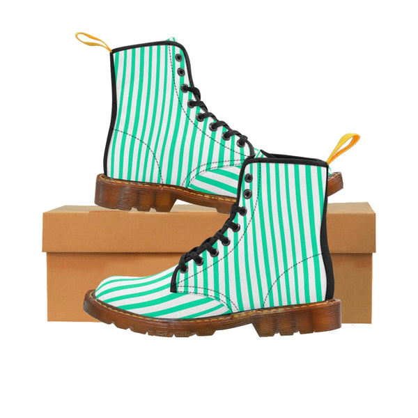 Turquoise Blue Women's Canvas Boots, White Blue Striped Designer Winter Boots For Ladies-Shoes-Printify-Brown-US 8.5-Heidi Kimura Art LLC