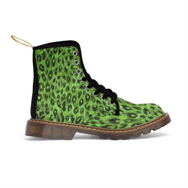Green Leopard Print Women's Boots, Animal Print Designer Premium Ladies' Hiking Combat Boots