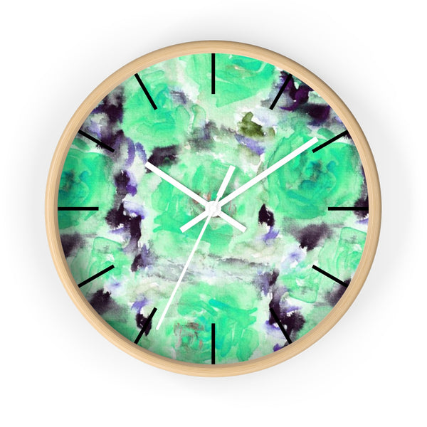 Turquoise Blue Floral Print Abstract Rose 10" Diameter Wall Clock - Made in USA-Wall Clock-Wooden-White-Heidi Kimura Art LLC