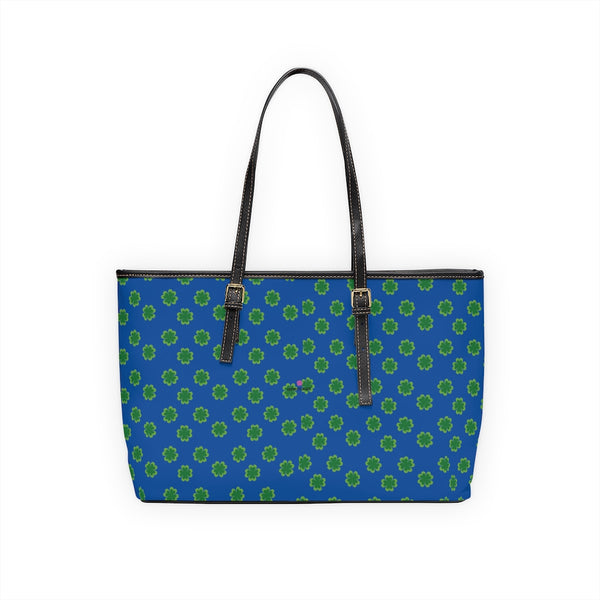 Blue Green Clovers Tote Bag, PU Leather Shoulder Hand Work Bag