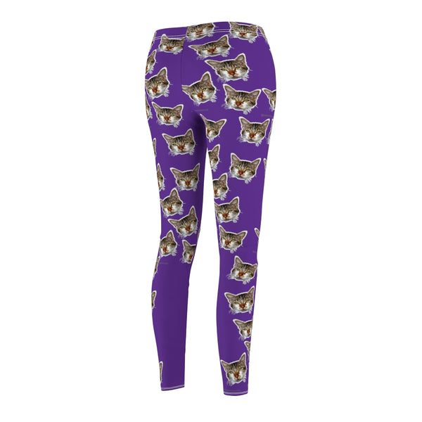 Purple Peanut Meow Cat Cute Calico Print Women's Fancy Casual Leggings- Made in USA-All Over Prints-Heidi Kimura Art LLC