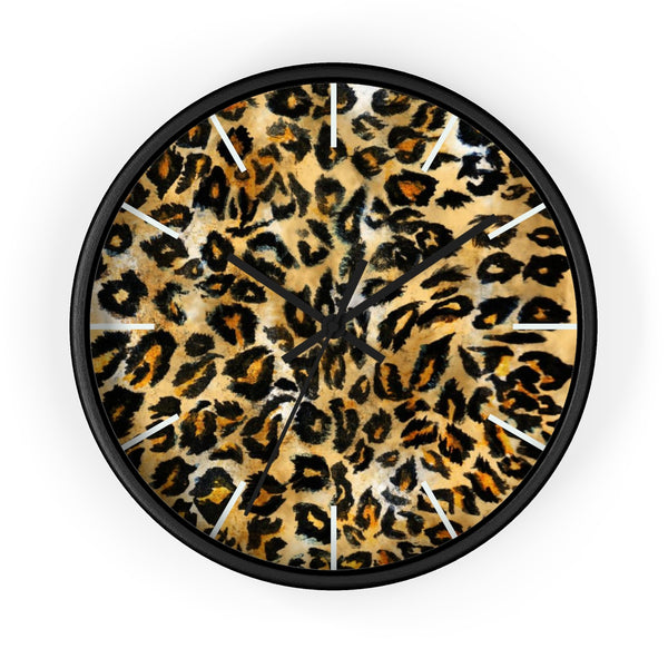 Brown Leopard Print Wall Clock, Animal Print Pattern 10" Dia. Indoor Clock-Made in USA-Wall Clock-Black-Black-Heidi Kimura Art LLC