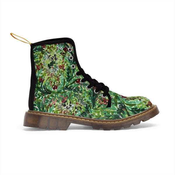 Black Green Floral Women's Boots, Flower Stylish Rose Hiking Combat Boots For Women