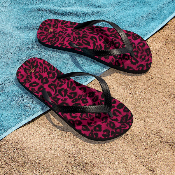Hot Pink Leopard Animal Print Unisex Flip-Flops Beach Pool Sandals- Made in USA-Flip-Flops-Heidi Kimura Art LLC