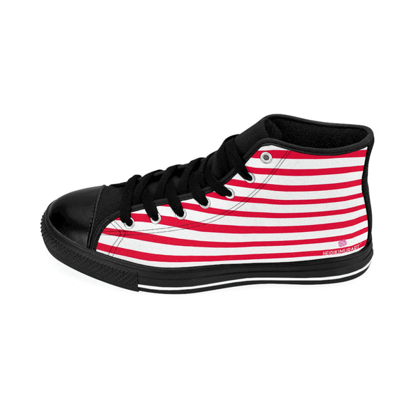 Red Striped Men's High-top Sneakers, Red White Modern Stripes Men's High Tops, High Top Striped Sneakers, Striped Casual Men's High Top For Sale, Fashionable Designer Men's Fashion High Top Sneakers, Tennis Running Shoes (US Size: 6-14)