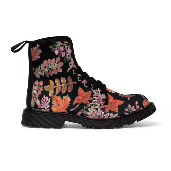 Fall Leaves Print Women's Boots, Black Orange Autumn Fall Leaves Print Women's Boots, Best Winter Boots For Women