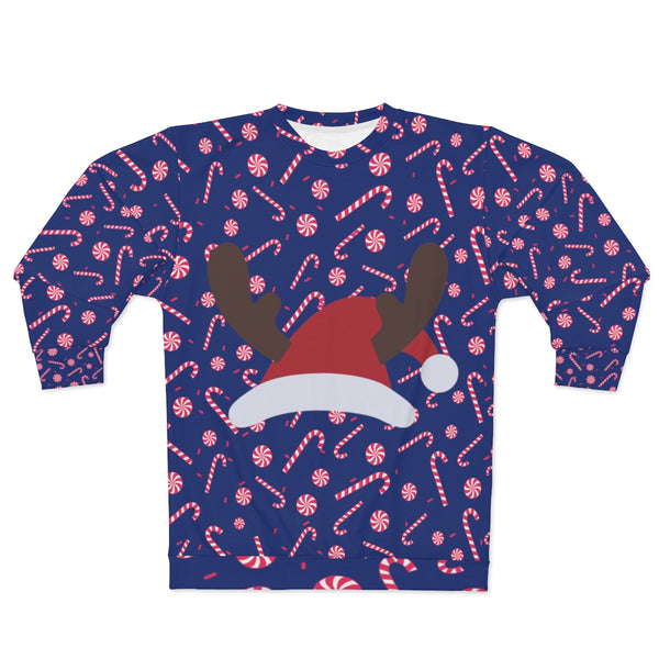 Dark Blue Red Candy Cane Christmas Holiday Crewneck Unisex Sweatshirt - Made in USA-Unisex Sweatshirt-Heidi Kimura Art LLC