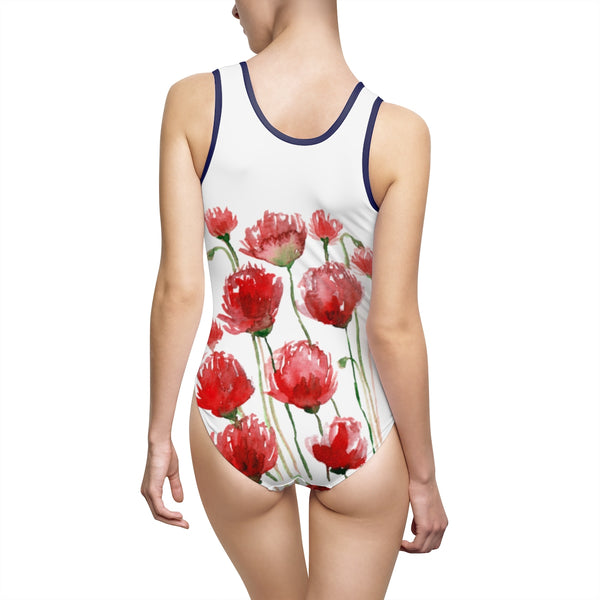 Red Poppy Flowers Floral Print Women's Classic One-Piece Swimsuit Swimwear-Swimwear-Heidi Kimura Art LLC