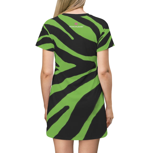 Green Zebra Print T-Shirt Dress, Green and Black Zebra Animal Print Designer Crew Neck Women's Long Tee T-shirt Fashion Dress-Made in USA (US Size: XS-2XL)