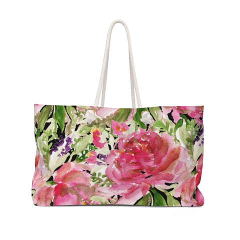 Pink Rose Floral Tote Bag, Rosy Pink Floral Print Oversized Designer 24"x13" Large Size Market Tote Weekender Bag - Made in USA