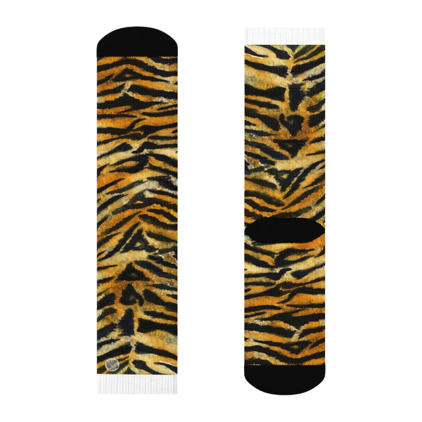 Tiger Stripe Print Socks, Best Luxury Orange Animal Print Designer Women's/ Men's Socks-Socks-Heidi Kimura Art LLC