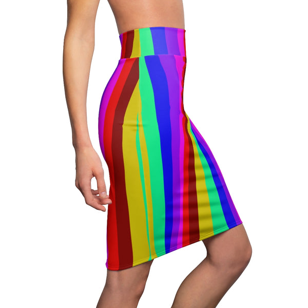 Colorful Rainbow Women's Pencil Skirt, Bright Cute Gay Pride Skirt Designer Women's Office Pencil Skirt, Best Gay Pride Skirt For Gay Pride Parades and Festivals - Made in USA (US Size: XS-2XL)