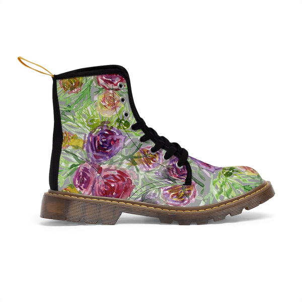 Grey Yellow Floral Women's Boots, Rose Flower Print Girlie Elegant Cute Hiking Combat Boots