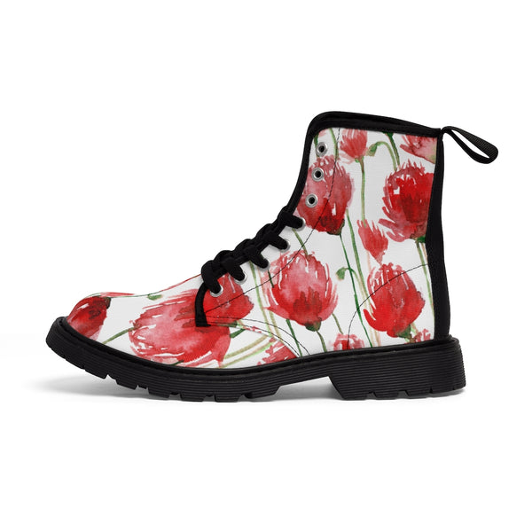 Red Poppy Floral Women's Boots, Poppy Flower White Hiking Combat Laced-Up Boots For Ladies