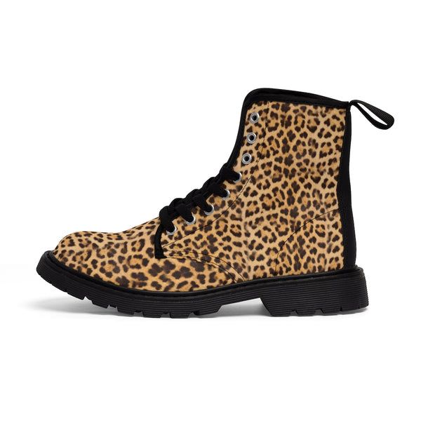 Brown Leopard Men's Canvas Boots, Sexy Animal Print Designer Winter Laced-up Boots For Men-Shoes-Printify-Heidi Kimura Art LLC