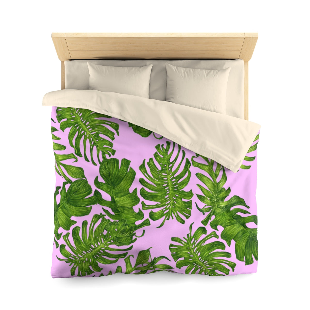 Pink Green Tropical Leaf Print Designer Microfiber Duvet Cover-Made in USA(Twin/ Queen)-Duvet Cover-Queen-Cream-Heidi Kimura Art LLC