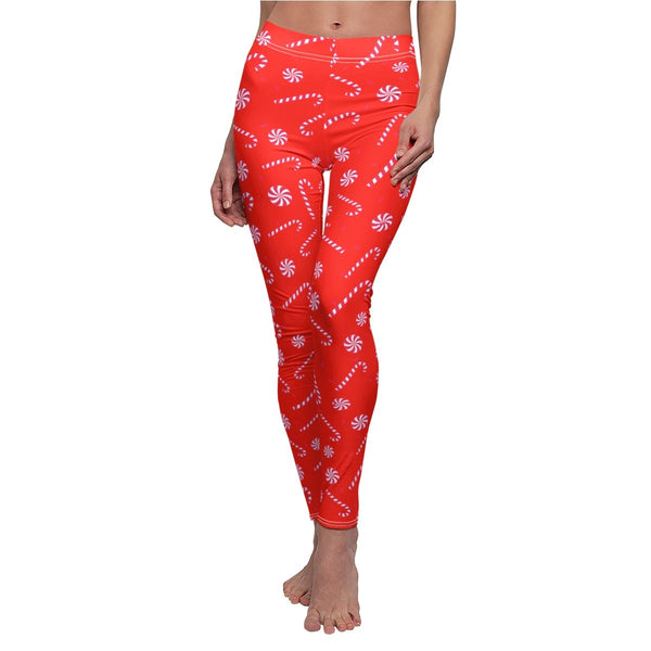 Bright Red and White Candy Cane Women's Christmas Print Holiday Casual Leggings-Casual Leggings-Heidi Kimura Art LLC Red Candy Cane Christmas Leggings, Best Bright Red and White Candy Cane Print Women's Christmas Print Holiday Fashion Casual Leggings - Made in USA (US Size: XS-2XL)