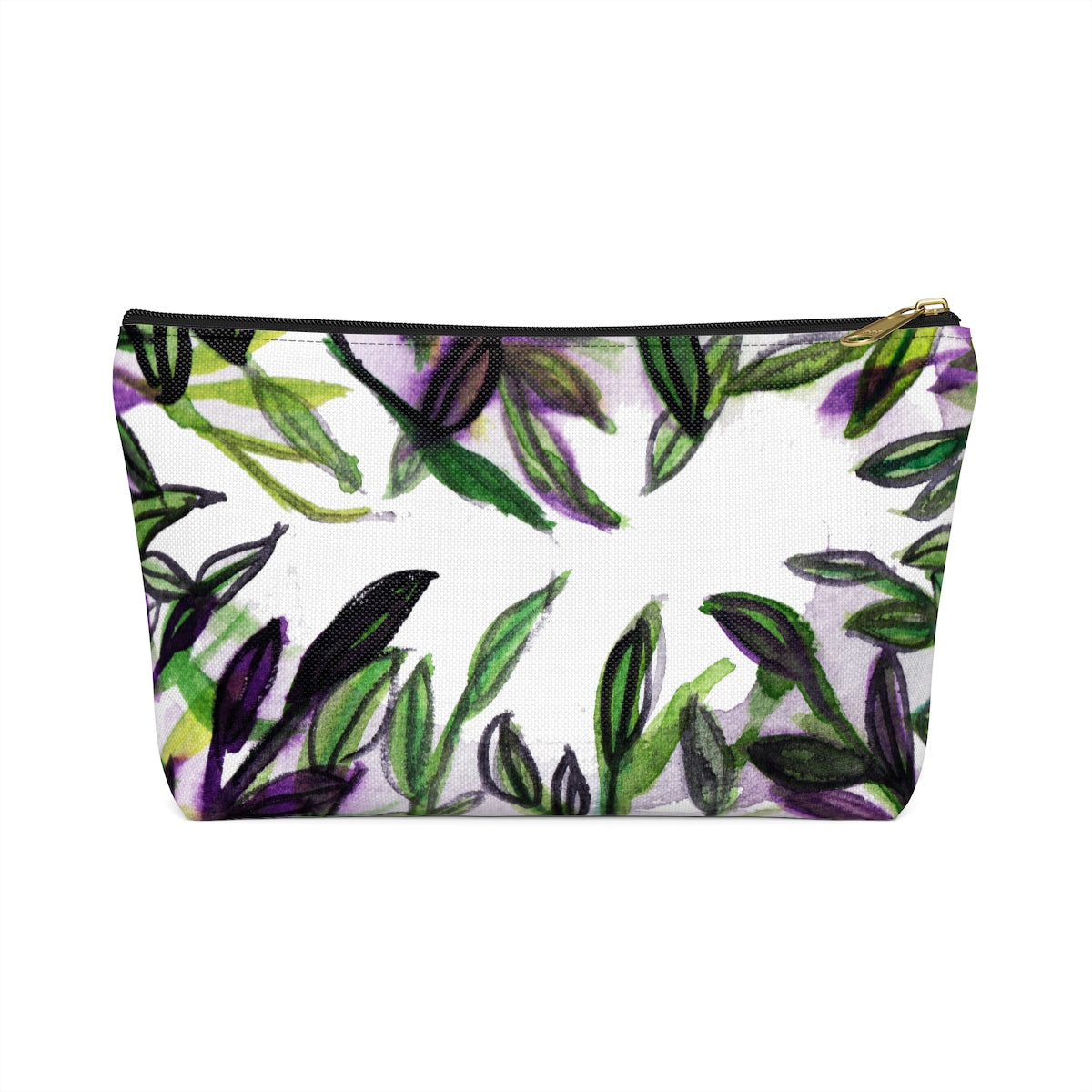 Green Foliage Print Accessory Pouch with T-bottom Makeup Bag - Made in USA-Accessory Pouch-Black-Large-Heidi Kimura Art LLC