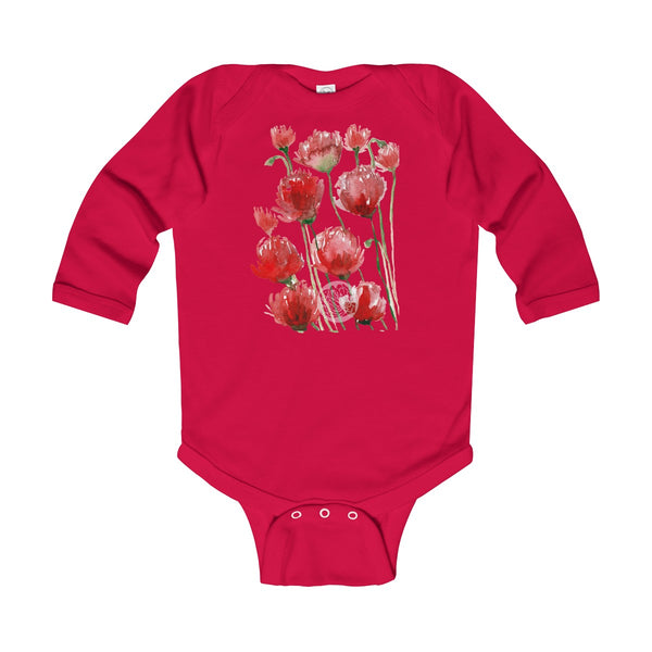 Floral Red Poppy Flower Print Infant Long Sleeve Bodysuit - Made in UK(UK Size: 6M-24M)-Kids clothes-Red-12M-Heidi Kimura Art LLC