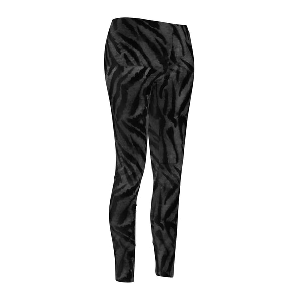 Black Gray Tiger Stripe Animal Print Women's Casual Leggings-Made in USA-Casual Leggings-Heidi Kimura Art LLC
