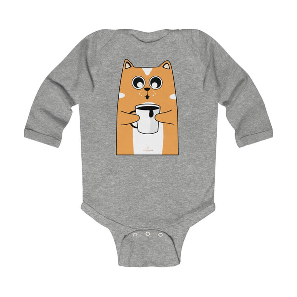 Cute Coffee Cat Print Baby Boy/ Girls Infant Kids Long Sleeve Bodysuit - Made in USA-Infant Long Sleeve Bodysuit-Heather-NB-Heidi Kimura Art LLC
